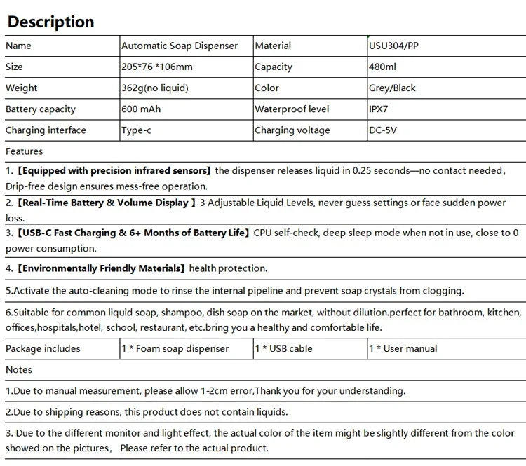 480ml Kitchen Soap Dispenser Automatic Sensor Hand Sanitizer Machine Intelligent Electric Body Wash Soap Dispenser 304 Stainless Steel