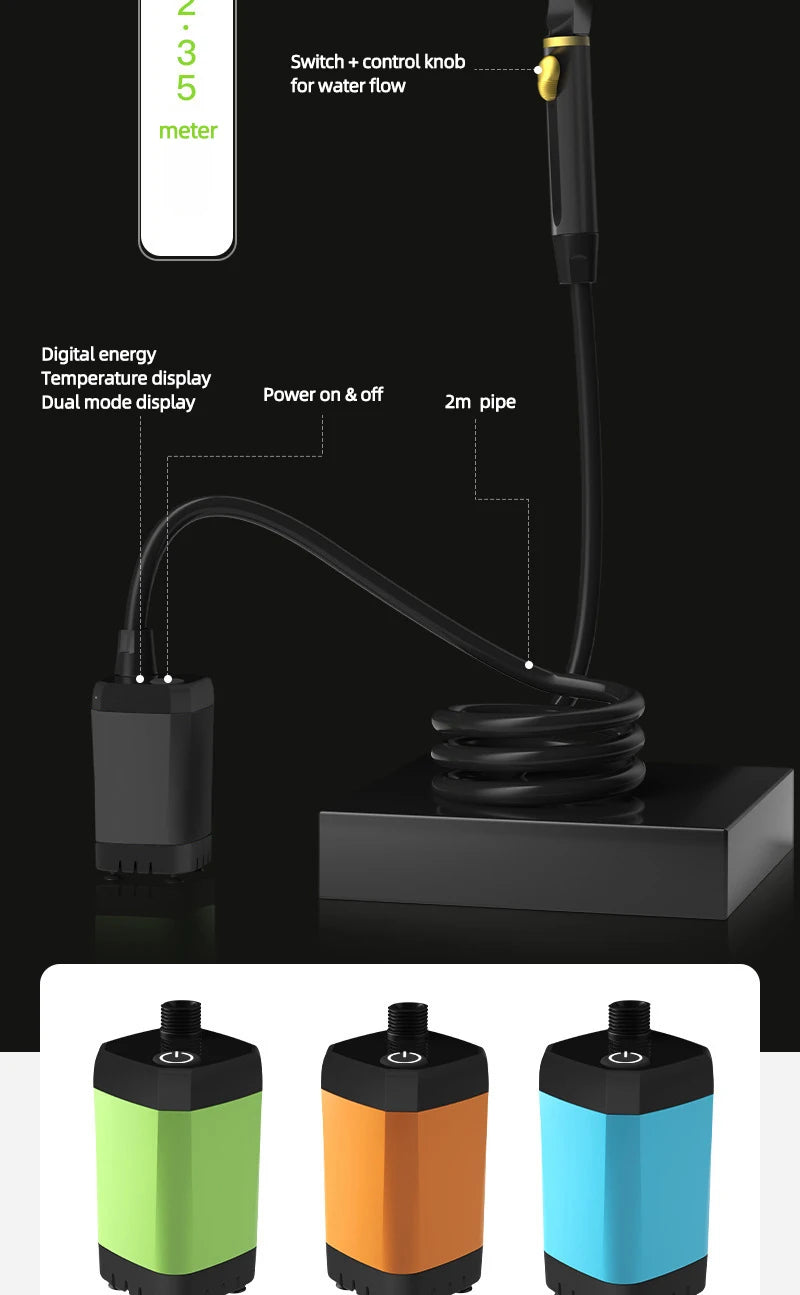 Portable camping shower equipment, 6000mAh rechargeable, LED display screen, outdoor simple electric mobile shower set