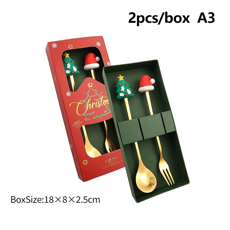 2/4/6Pcs Christmas Fork And Spoon Set,Stainless Steel Creative Tableware,Coffee Tea Dessert Forks And Spoons Gift Set