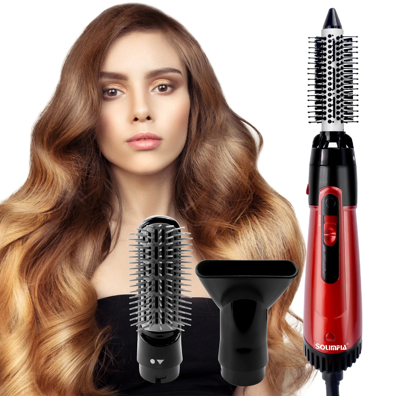 Solimpia 3-Head Hot Air Brush Hair Dryer Strong Wind Electric Straightener Curler Roller Comb Blower Styling Tool for Woman 800W