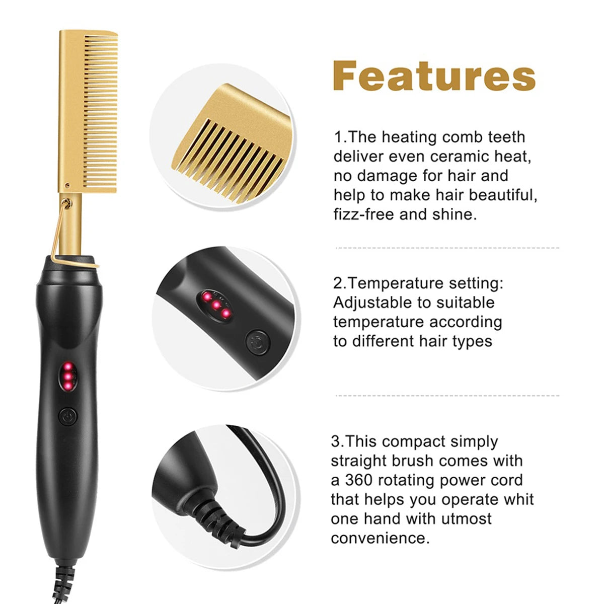2 in1 Hot Comb Hair Straightener Electric Heating Comb Fast Heating Dry Hair Portable Travel Anti-Scald Press Comb Styling Tools
