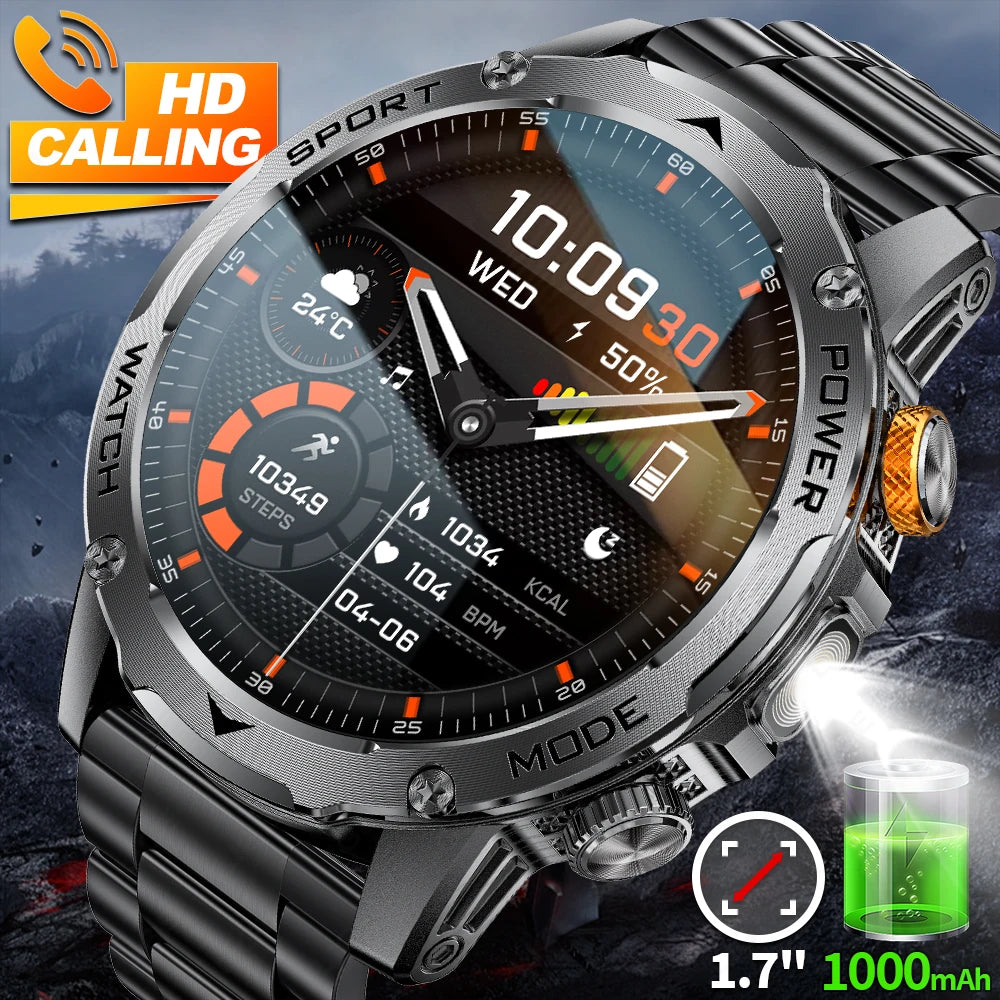 LIGE Military Smart Watch Men 1000mAh Battery Outdoors LED Flashlight Waterproof Heart Rate Sport BT Call 1.7" AMOLED Smartwatch