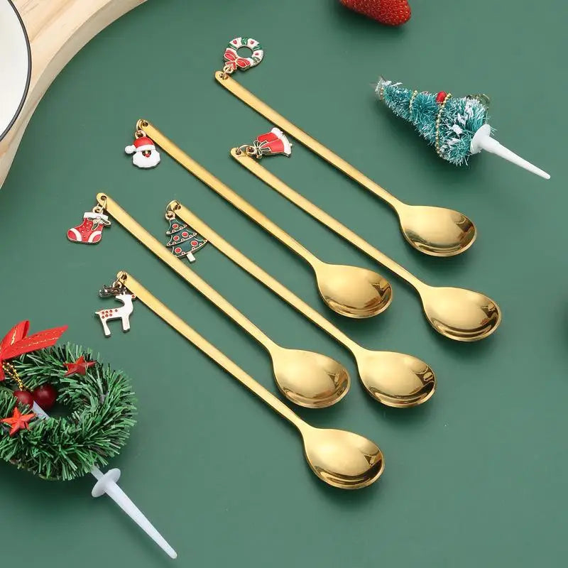 6PCS Christmas Spoons Coffee Cutlery Set Stainless Steel Cutlery Set Dessert Spoon Forks Christmas Gifts Elk Christmas Decoratio