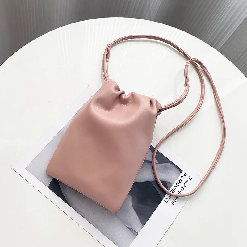 Casual Drawstring Bag Style Women Crossbody Bag Candy Color Lady Mini Bucket Bag for Mobile Phone Female Shoulder Purse Wallet