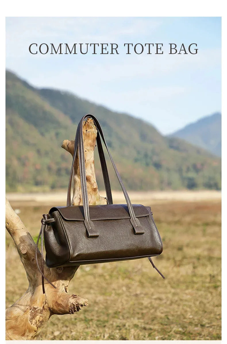 2025 New Genuine Leather Women's Shoulder Bag Large Capacity Cowhide Luxury Handbag Long Strip Black Baguette Bag Female