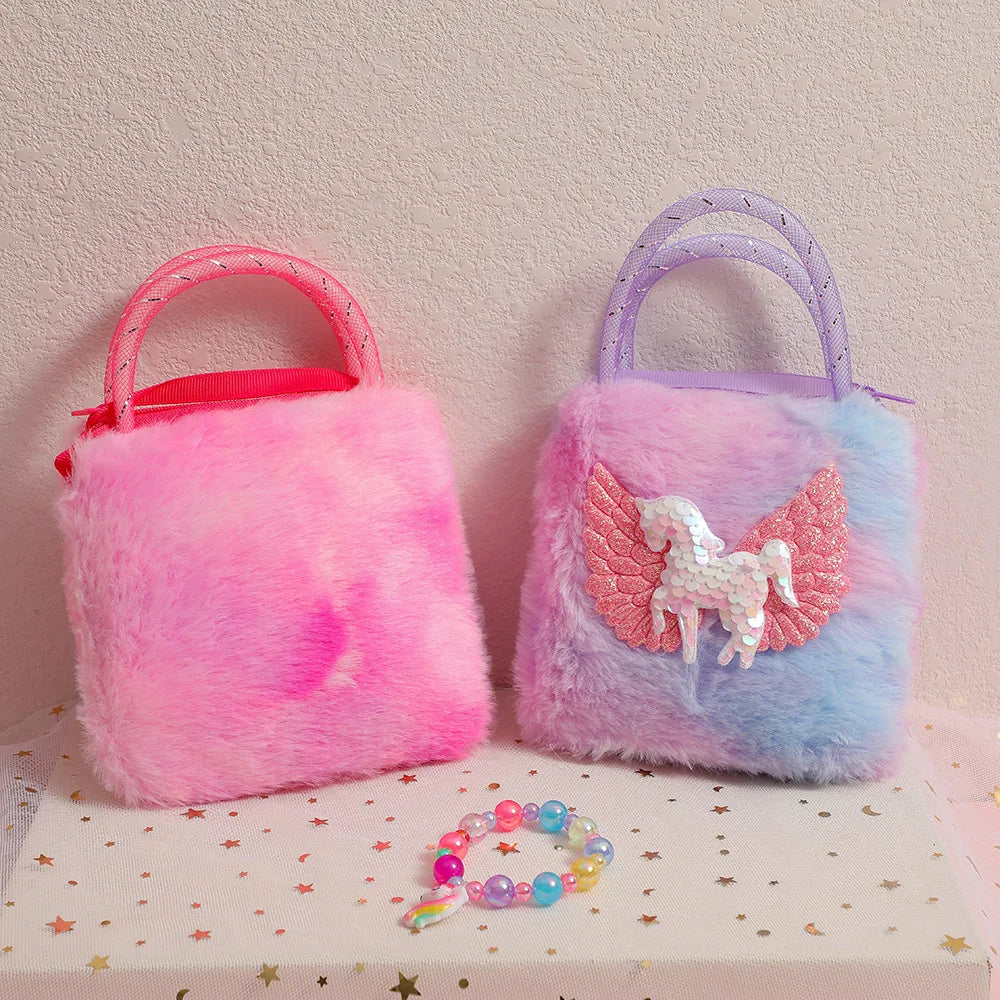 1 Piece Cute Furry Cartoon Kids Shoulder Bag for Girl Plush Shiny Cartoon Unicorn Crossbody Bag Baby Small Stuff Storage Bag