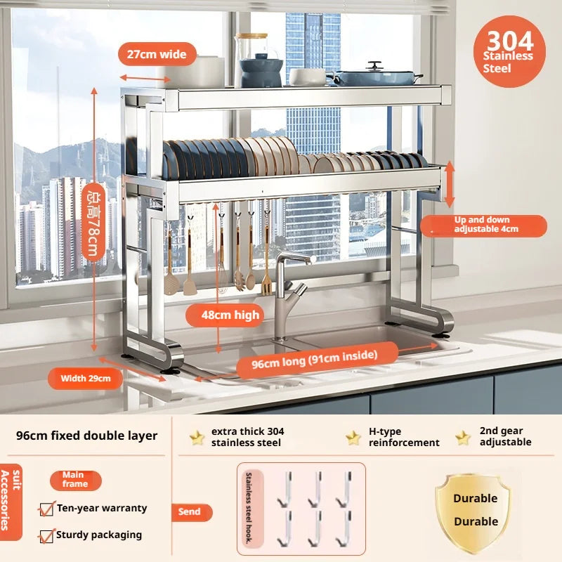 Over Sink Dish Drying Rack Stainless Steel Expandable Drain Bowl Holder Shelf Kitchen Counter Dish Storage Rack Hanger Shelves