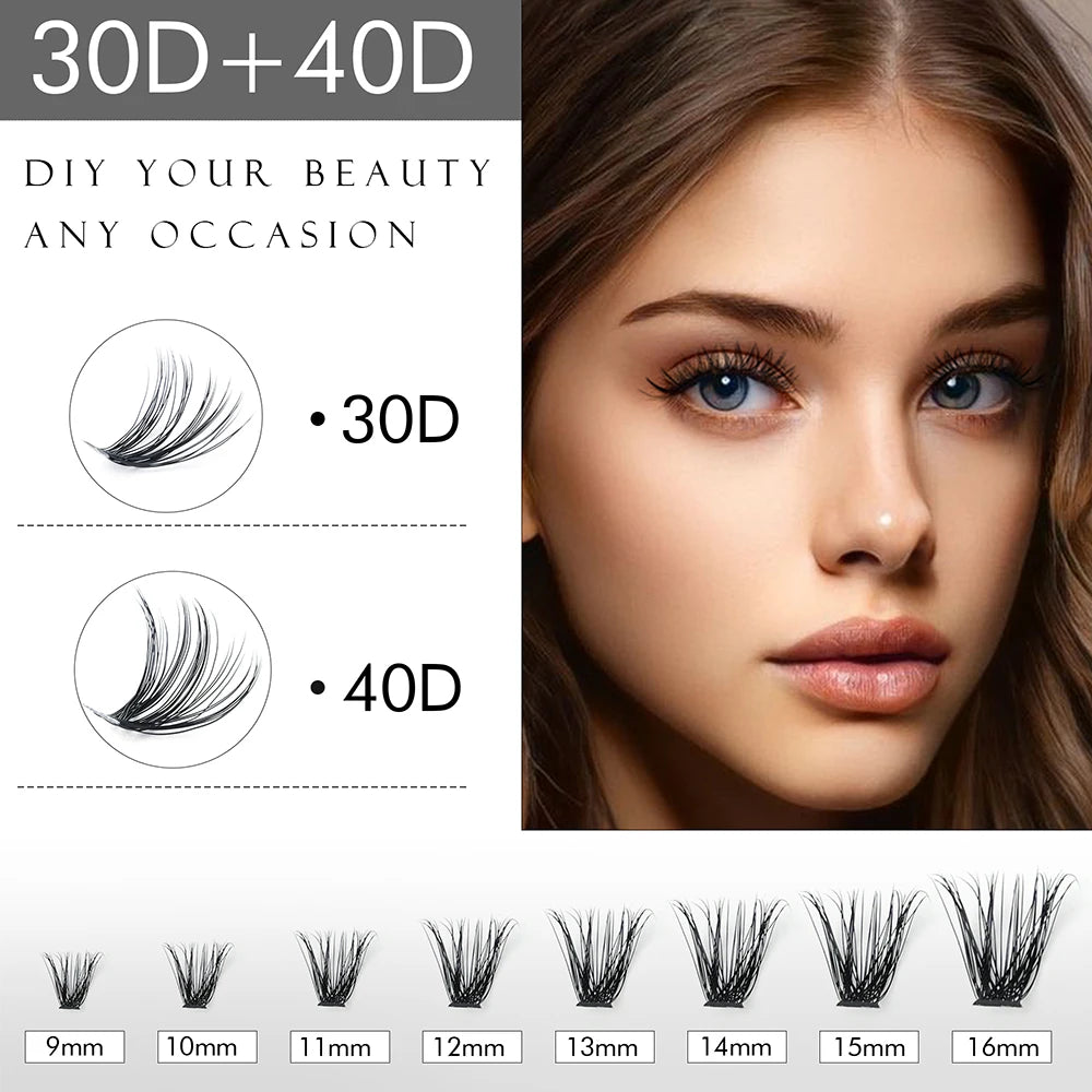 320PCS DIY Mix Clusters Kit 30D/40D Individual False Eyeashes Wispy Fluffy with Applicator Tools  Self-Grafting At Home