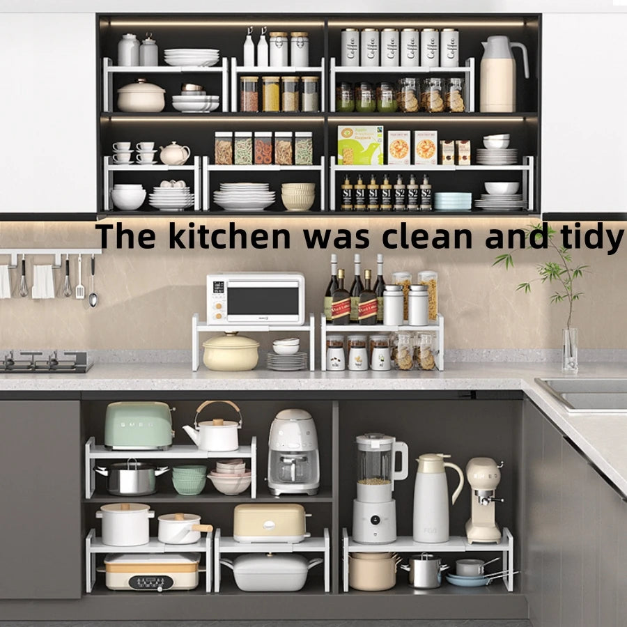 Kitchen cabinet multi-level shelf storage rack, seasoning storage rack, expandable home storage space, heavy-duty metal white