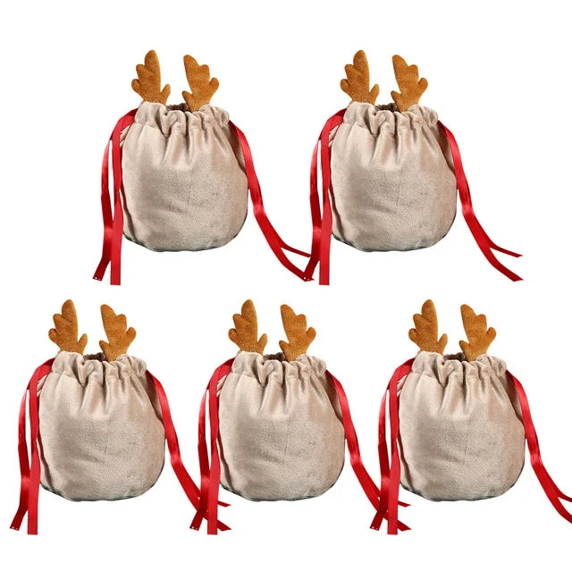 5/10 Christmas Reindeer Drawstring Gift Bag, Reusable Velvet Santa Claus Candy Gift Bag, Party Gift Decoration