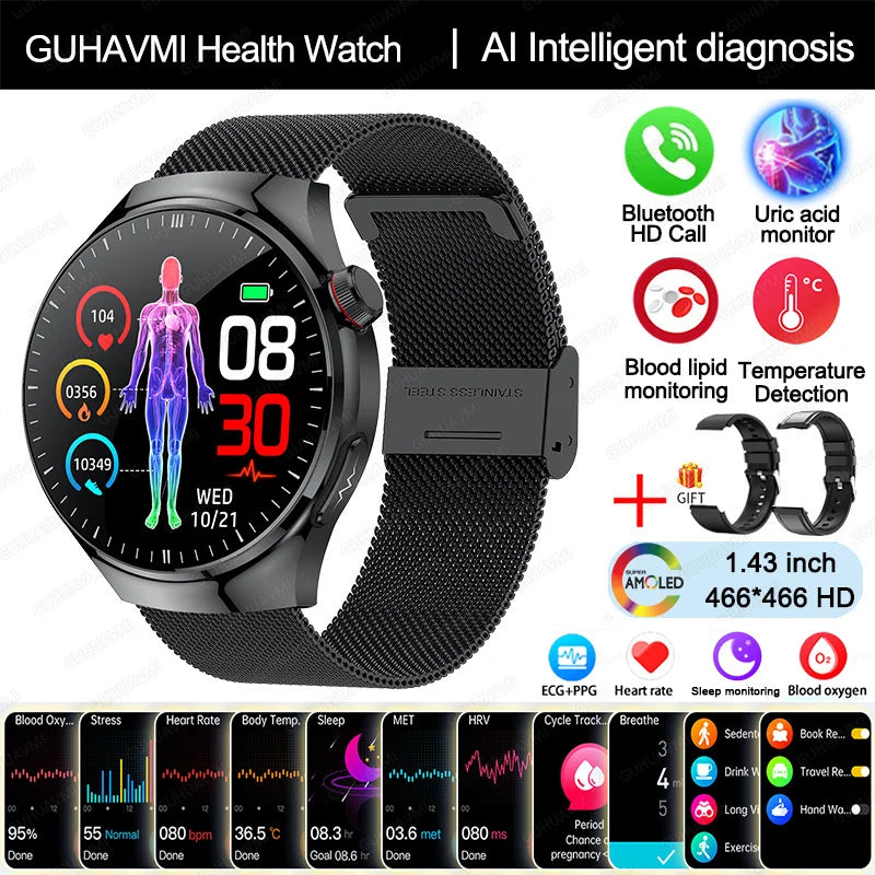 2025 New Nursing Grade Smart Watch Blood oxygen Blood Lipid Uric Acid ECG+PPG Body Temperature Bluetooth Call Health Smartwatch