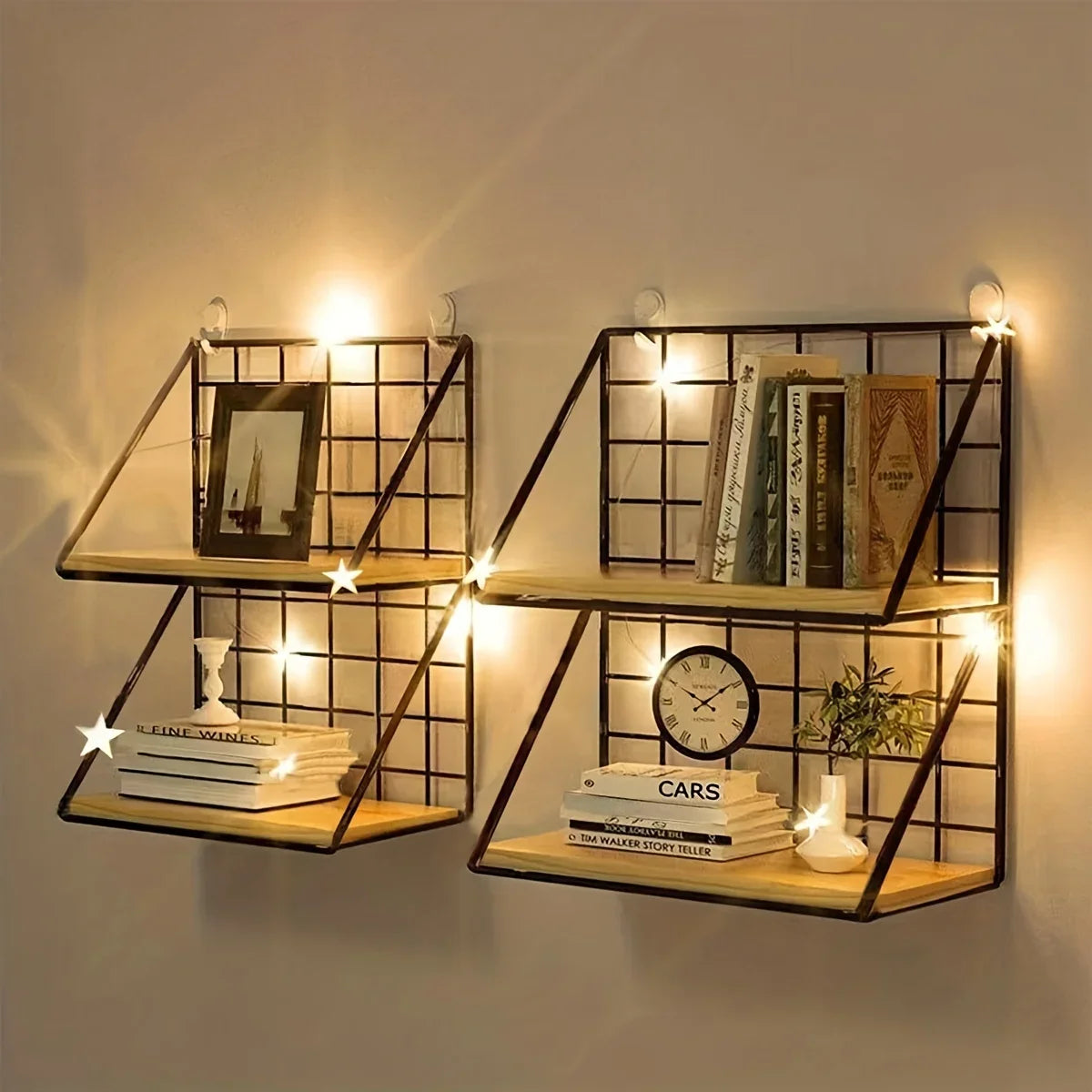 1Pcs Floating Shelves Wall Mounted Wood Storage Display Shelf with Metal Wire Basket Hanging Rack for Dorm Bedroom Bathroom