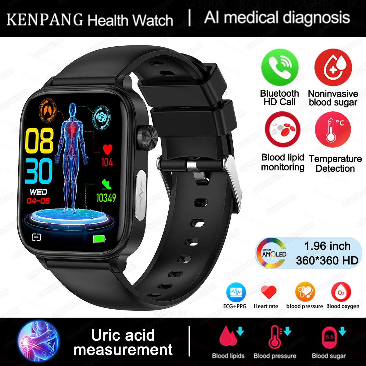 2024 New ECG+PPG Medical Grade Smart Watch Men Blood Glucose Blood Lipid Uric Acid Monitoring Bluetooth Call Health Smartwatches