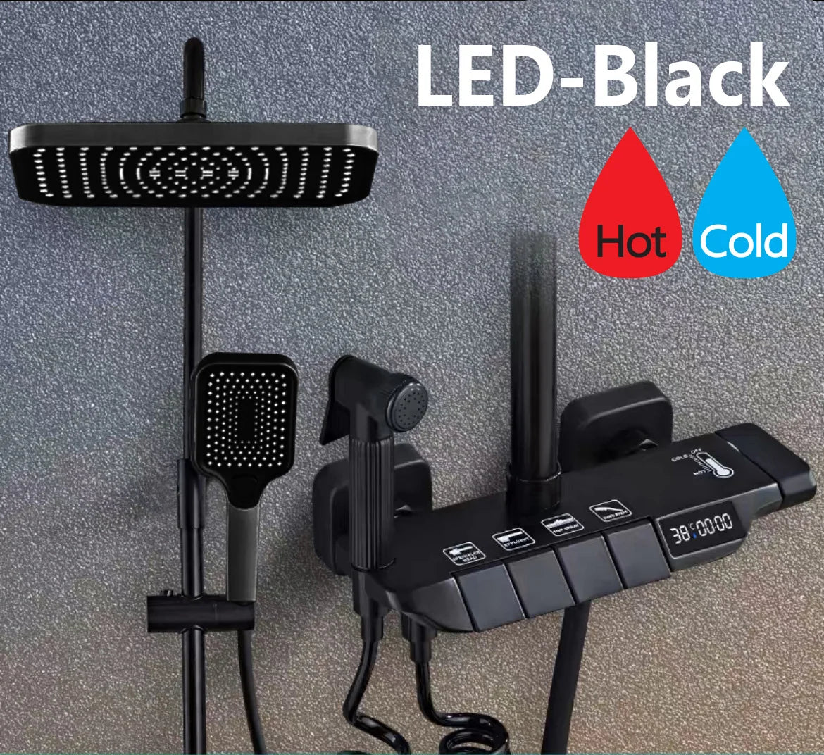 Black Digital Shower Set Bathroom Rainfall Brass Wall Mounted 4Way Shower Faucet Bathtub Thermostat Rain Mixer Tap Shower System