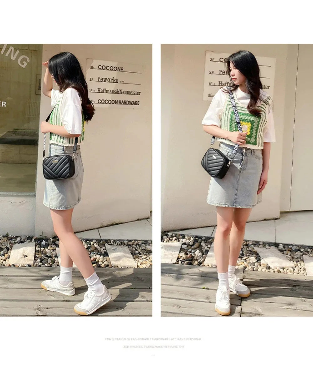 High quality women's PU rolling strip camera bag shoulder bag mobile phone bag casual crossbody bag