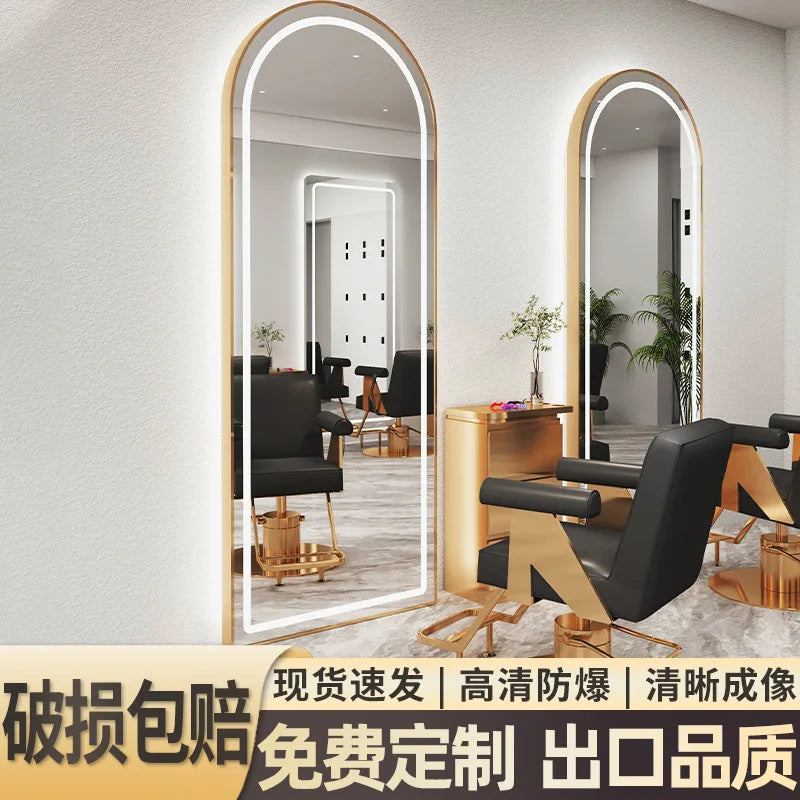 Wall-mounted simple hairdresser floor mirror LED perm and dyeing mirror table touch