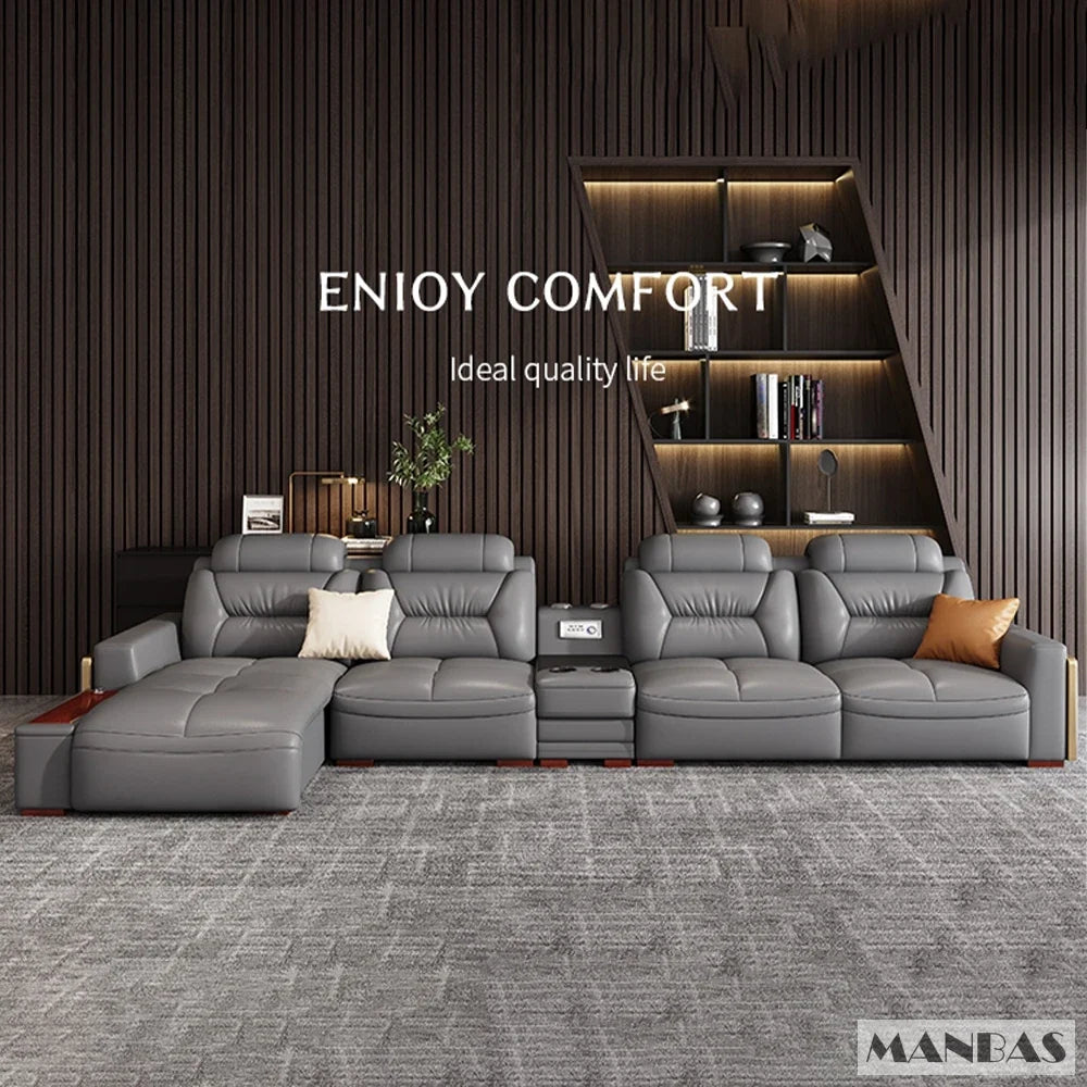 Premium Italian Genuine Leather Sectional Sofa Sets Couch Sofas with USB and Bluetooth Speaker - MANBAS Living Room Furniture