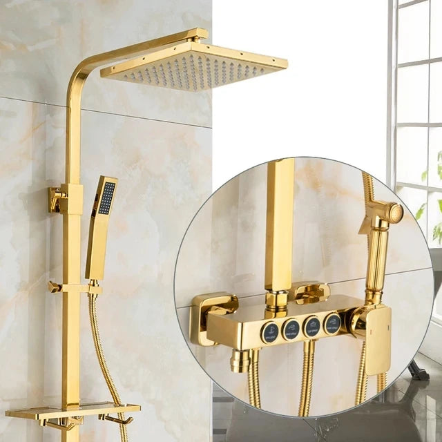 KEMAIDI Black Gold Shower Faucet Set Bathtub  4-way Mixer  Tap with Bidet and Shelf  Bathroom Rainfall Shower Systerm Wall Mount