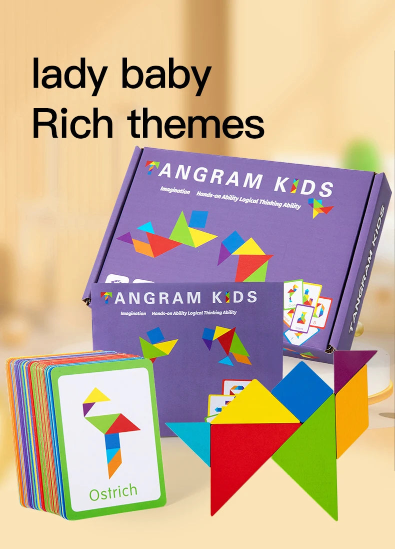 3D Wooden Tangram Jigsaw Puzzles Board Games Kids Montessori Educational Toys Children Kindergarten Geometric Shape Teaching Aid