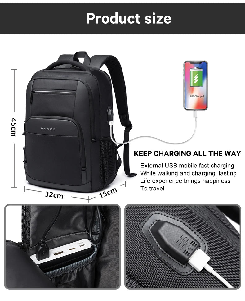 BANGE Lightweight 15.6 inch Laptop Backpack Waterproof USB Charge Port Multifunctional Travel Hiking School Bag Mochila for Men