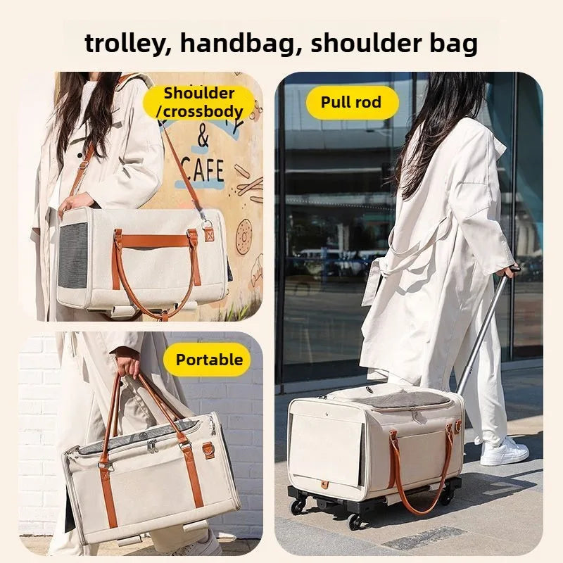 Multifunctional Cat Carrier with Trolley Large Capacity Breathable Foldable Pet Bag for Cats and Dogs