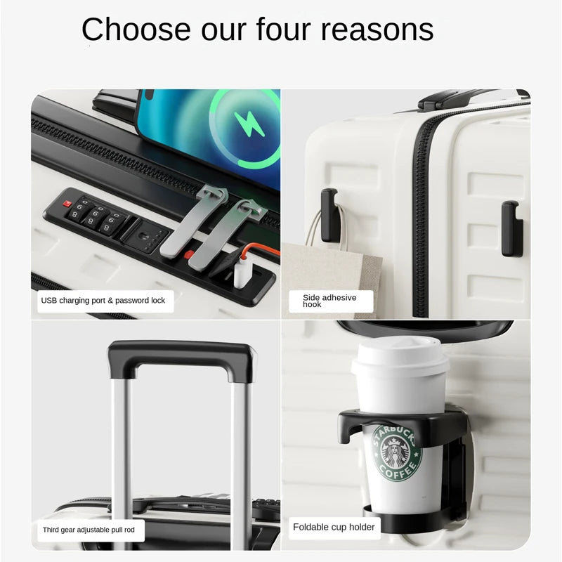 20"24"26 Inch Travel Suitcase Front Opening Luggage Laptop Boarding Case USB Charging Trolley Case with Wheels Carry on Luggage