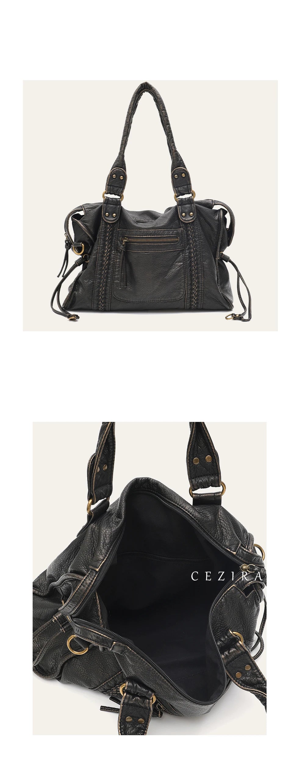 Vintage Washed PU Leather Large Capacity Tote Zip Pockets Braid Decor Shoulder Cross body Bag Unisex Women Daily Travel Handbag