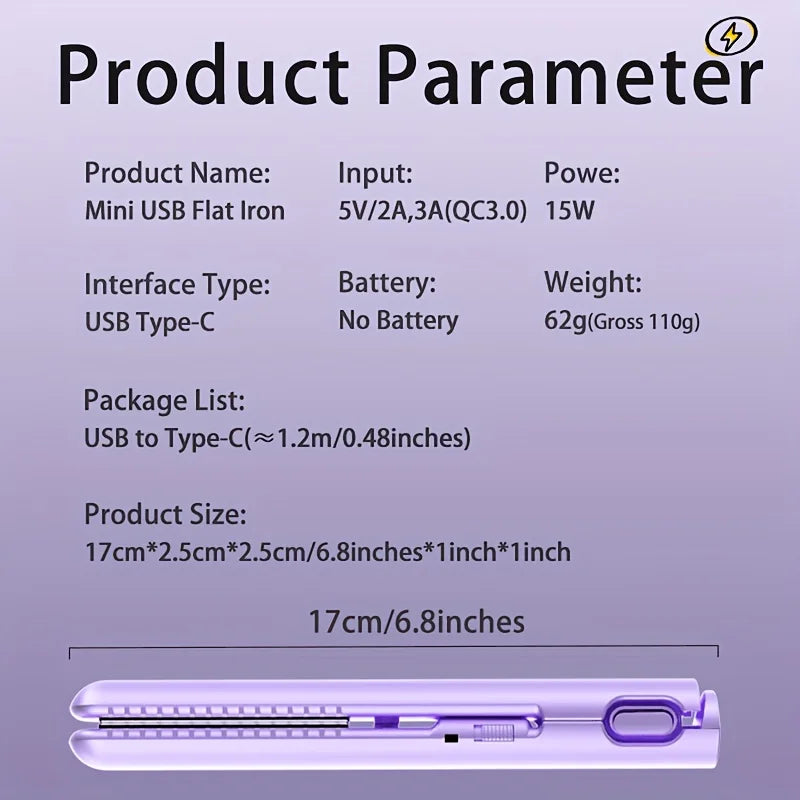 Portable Mini Hair Straightener Lightweight 180 Degrees Celsius Constant Temperature Control, Suitable for Bangs and Short Hair
