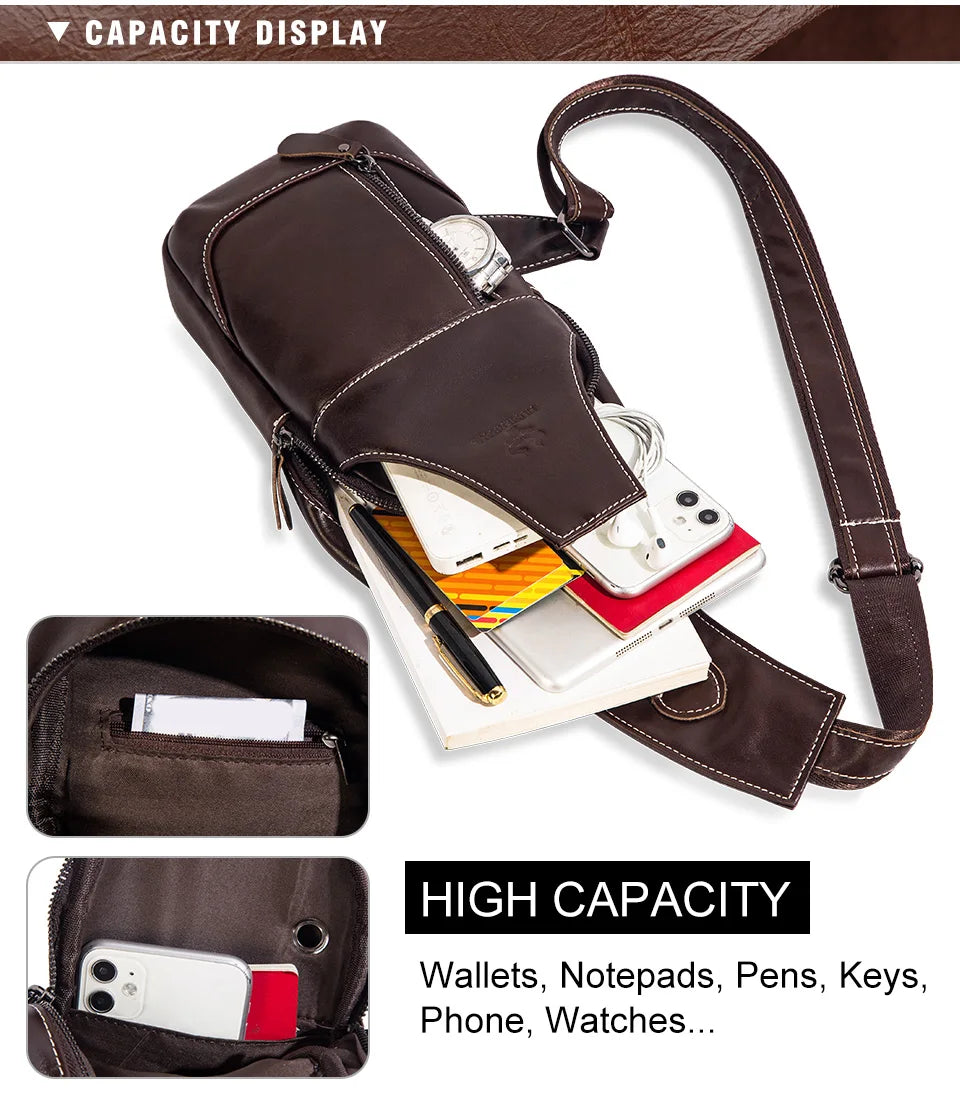 HUMERPAUL New Men's Chest Bag Crossbody Pack Genuine Leather Large Capacity Casual Messenger Bag Retro Men Handbag Shoulder Bag