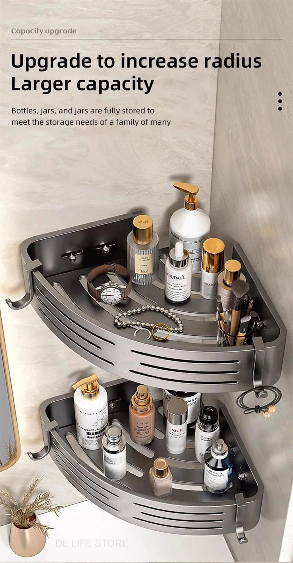 1-2PCS Bathroom Corner Shelf with Plastic Hook Towel Bar No Drill Space Aluminum Shower Storage Rack Bathroom Organizer