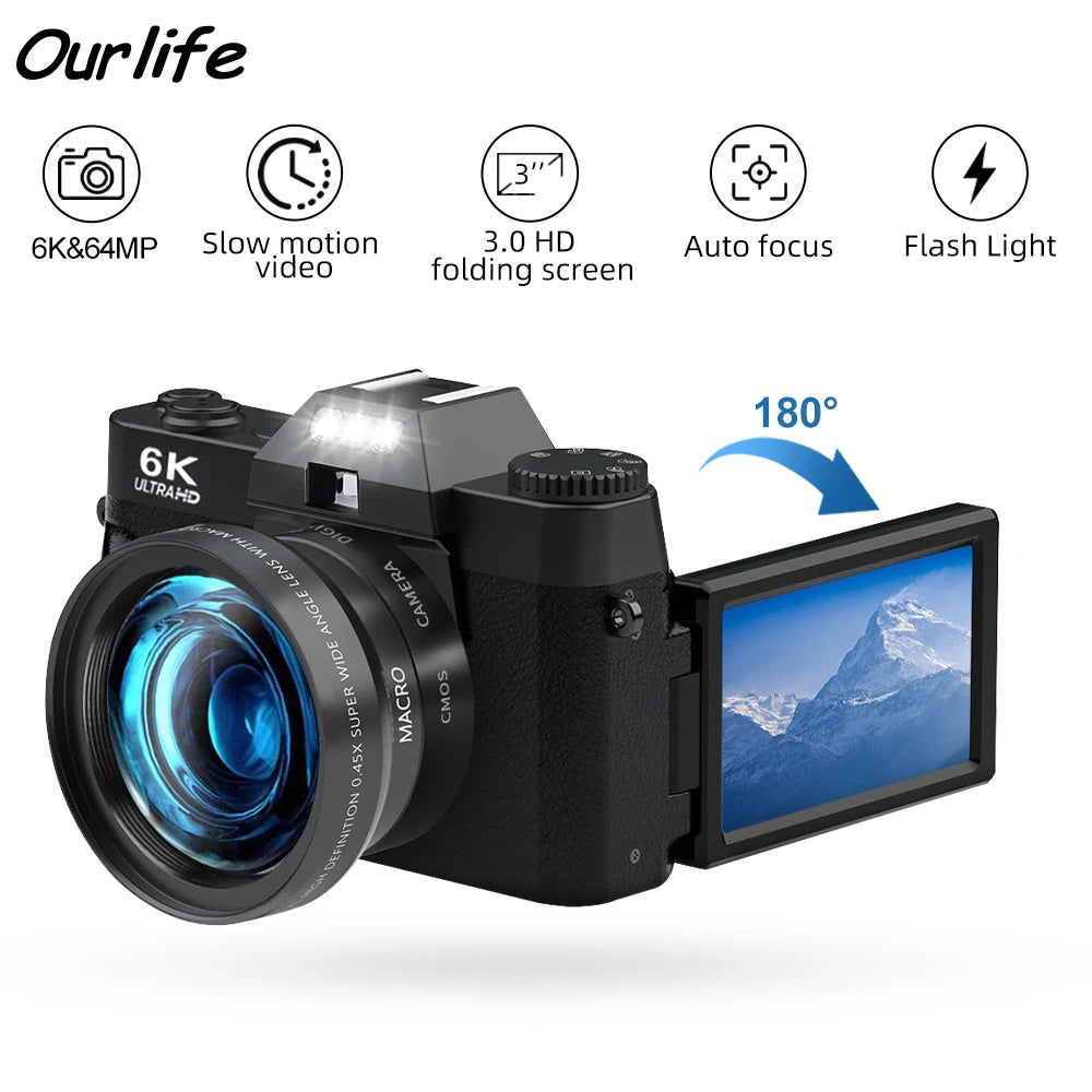 6K Digital Photography Camera 16X Digital Zoom 64MP Vintage Vlog Video Recorder YouTube 180° Flip Screen WiFi Web Cam With Flash