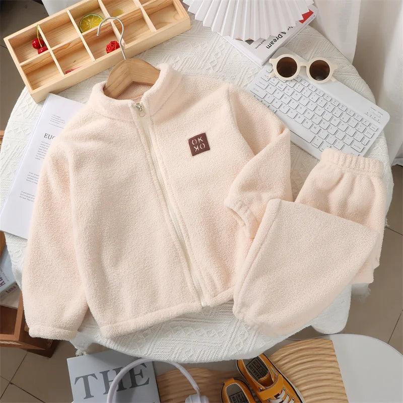 Plush Sets Children Autumn Winter Warm Fleece Suits Baby Thickened Cardigan Top+Pants 2Pcs Outfits Boys Girls Homewear Clothing