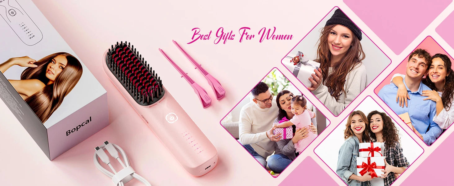 Cordless Hair Straightener Brush 10,000mAh Portable 300M Negative Ions for Frizz-Free Shine Fast Heating, Gift for Women