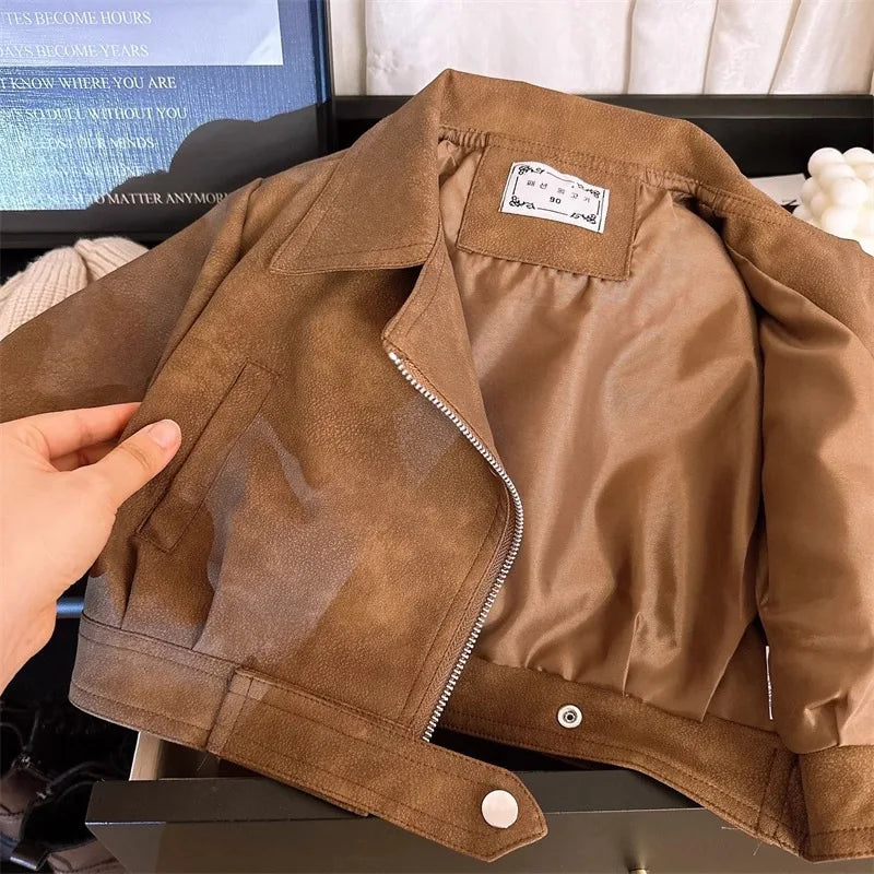 2 3 4 5 6 8 Years Girls Jacket Spring Autumn New Fashion Artificial Leather Coat For Kids Leisure Stain Resistant Outerwear