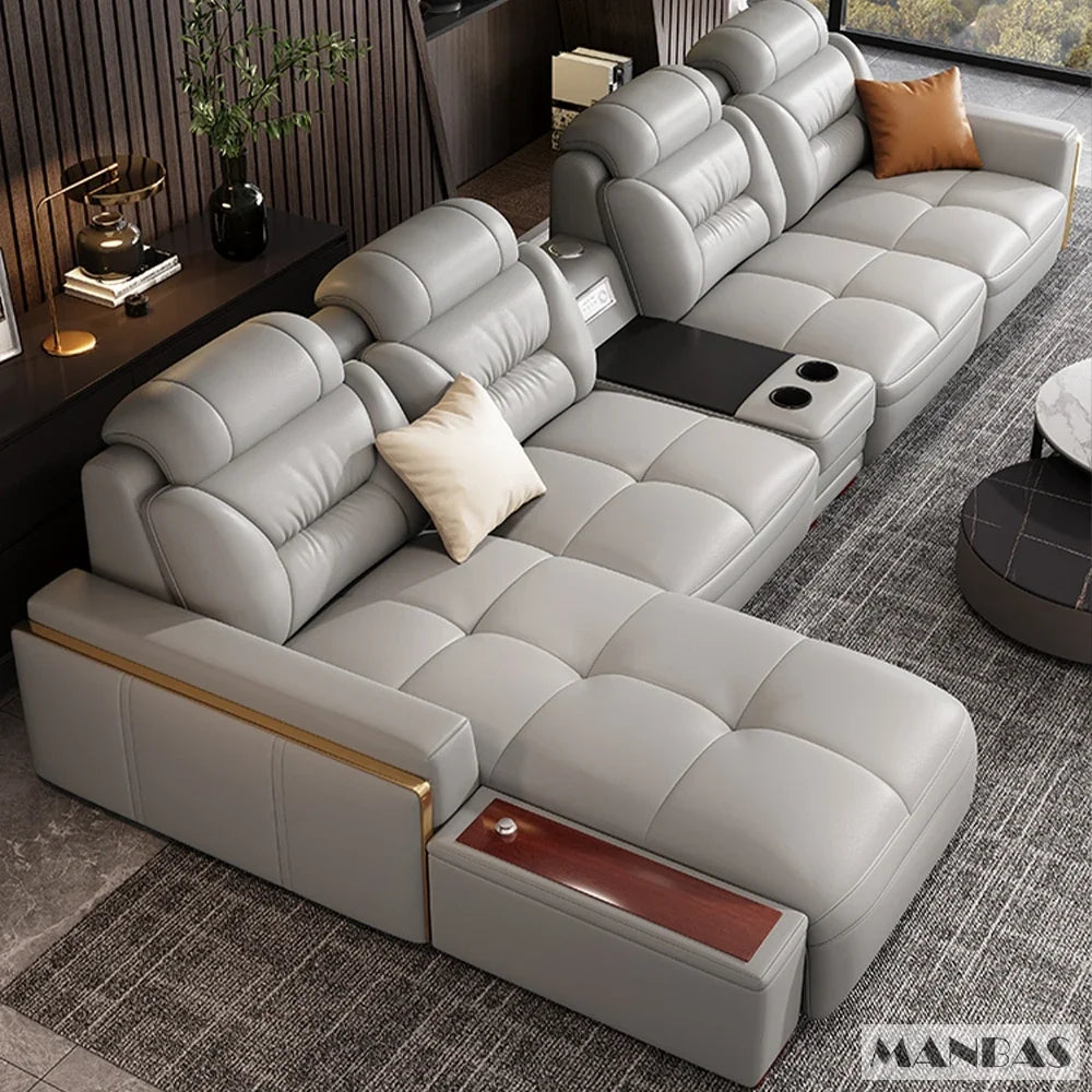 Premium Italian Genuine Leather Sectional Sofa Sets Couch Sofas with USB and Bluetooth Speaker - MANBAS Living Room Furniture