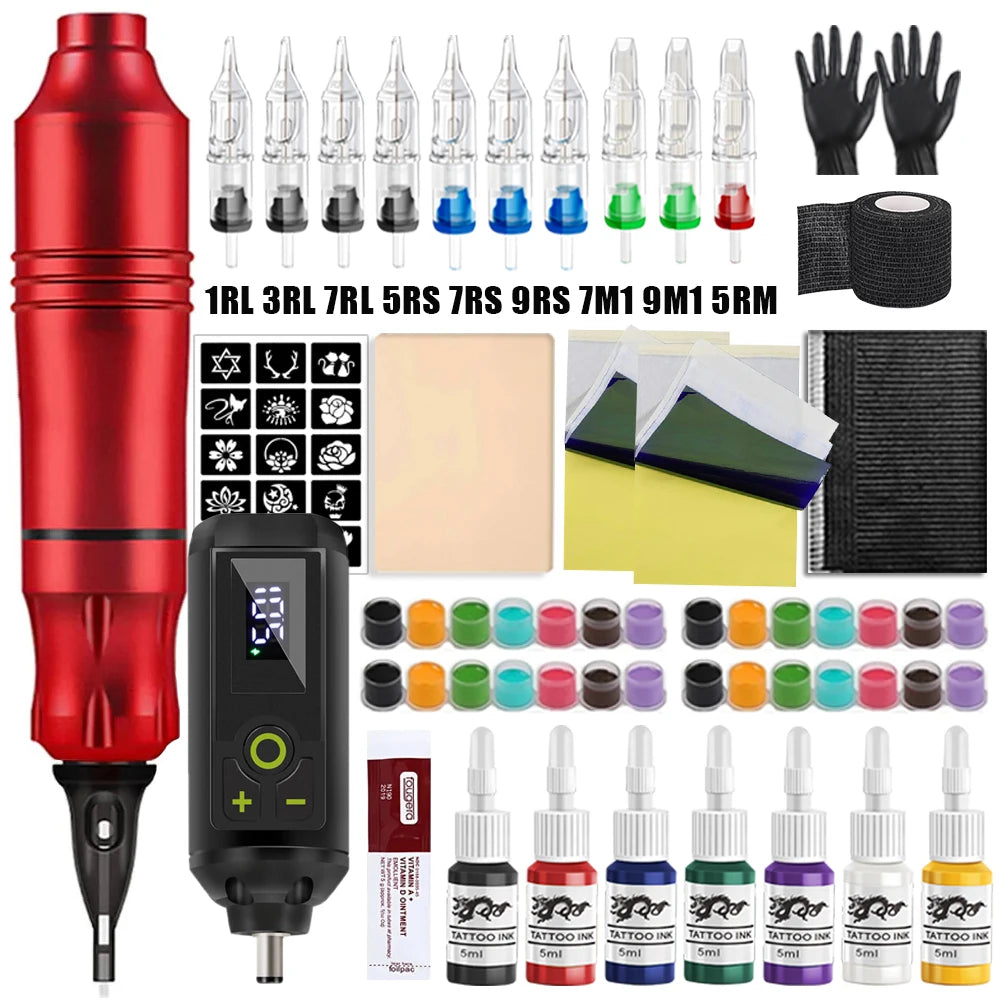 Professional Wireless Tattoo Machine Kit Rotary Tattoo Pen Kit with Wireless Power Supply Inks Needles for Tattoo Beginners Kits