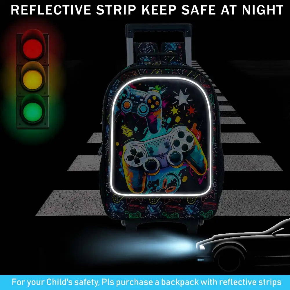 Rolling Backpack for Boys, 3PCS Kids Roller Bookbag with Lunch Bag, Wheeled School Bag for Children - Game Console