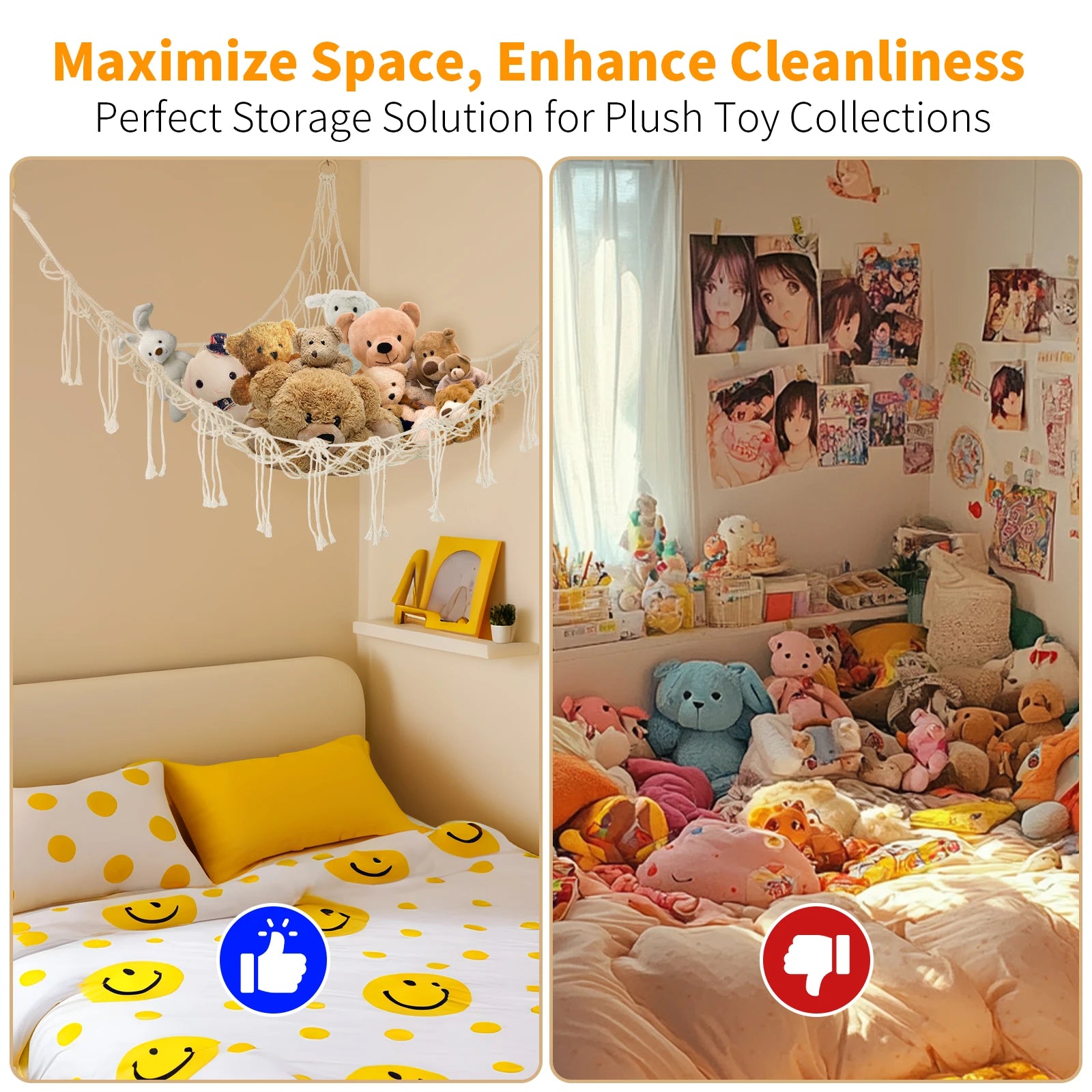 Plush Toy Hammock Large Capacity Stuffed Animals Organizer Net Macrame Tassels Boho Home Wall Decoration Hanging Basket