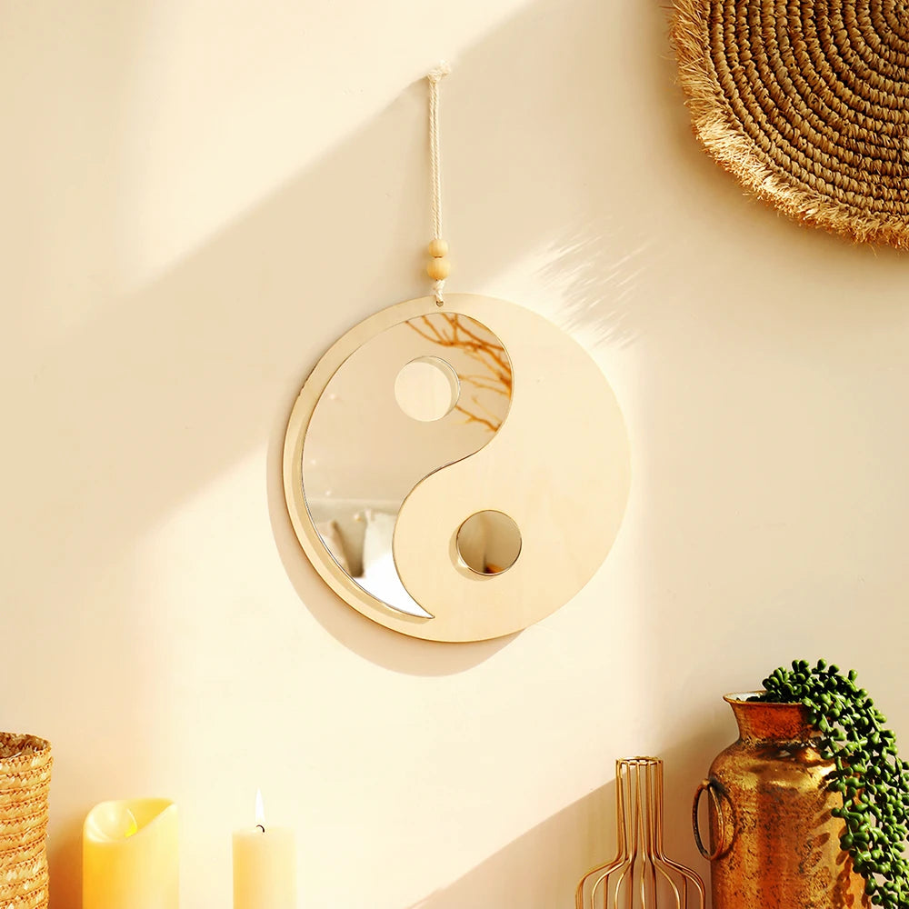 Wooden Mirror Home Decor Boho Wall Mirrors for Living Room Bedroom Tai Chi Yin Yang Wood Mirrors Room House Feng Shui Decoration
