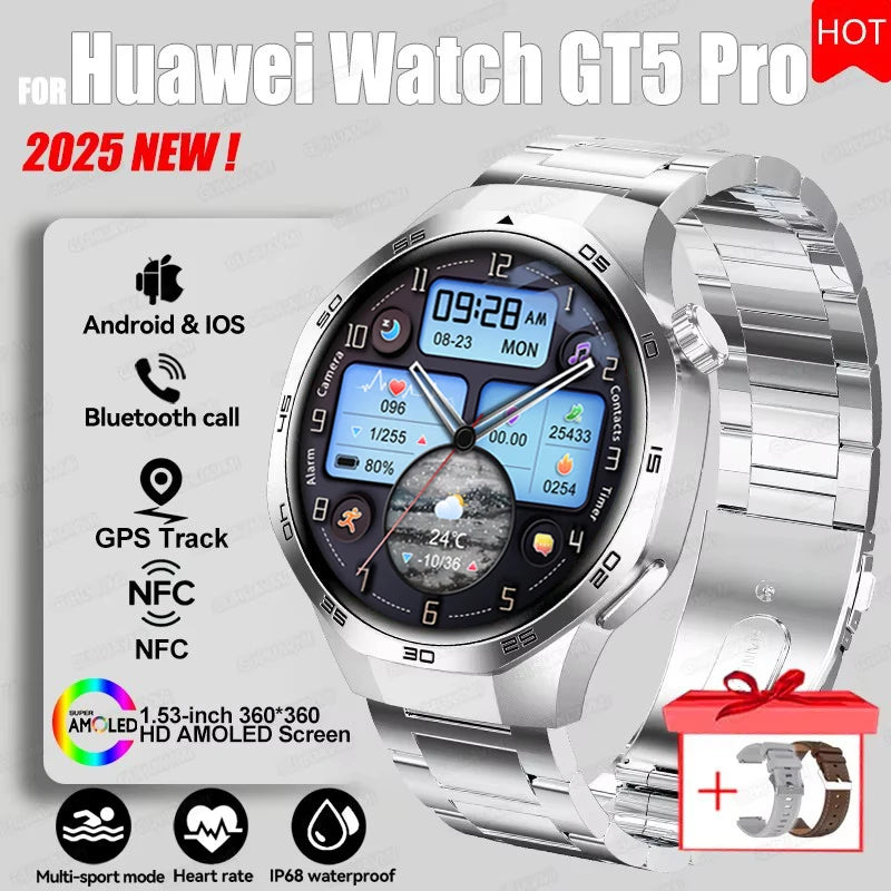 2025 New GT5 Pro GPS Track Compass Smart Watch Men 360*360 AMOLED Screen NFC BT Call Waterproof Health Monitor Man Smartwatches