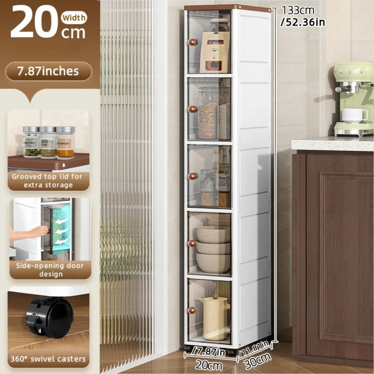 The transparent storage cabinet with wheels in the gap saves space in the kitchen and living room for storing snacks