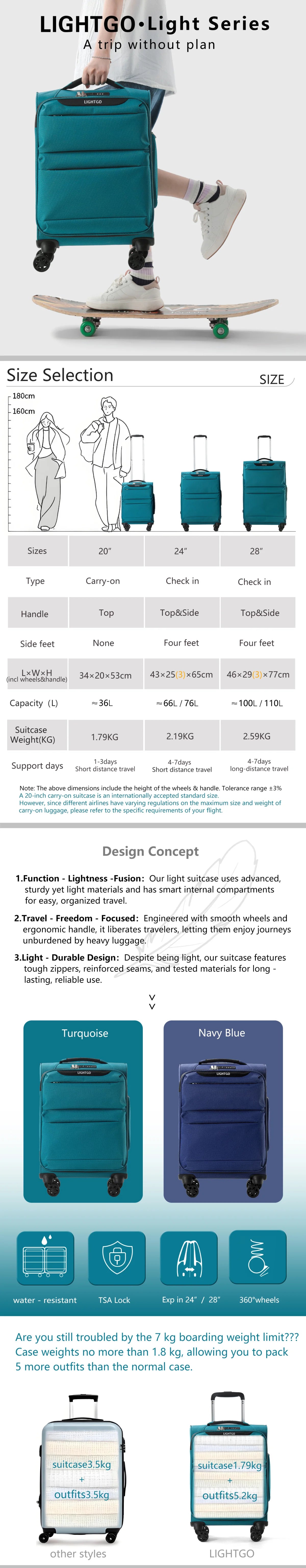 LightGo Ultra Lightweight Waterproof Expandable Large Capacity Suitcase 8 Wheel Silent Spinner Fashion Check in Luggage Carry-on