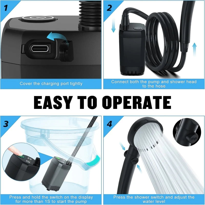 Portable Camping Shower Equipment 6000mAh Rechargeable LED Display Screen Outdoor Simple Electric Mobile Shower Set