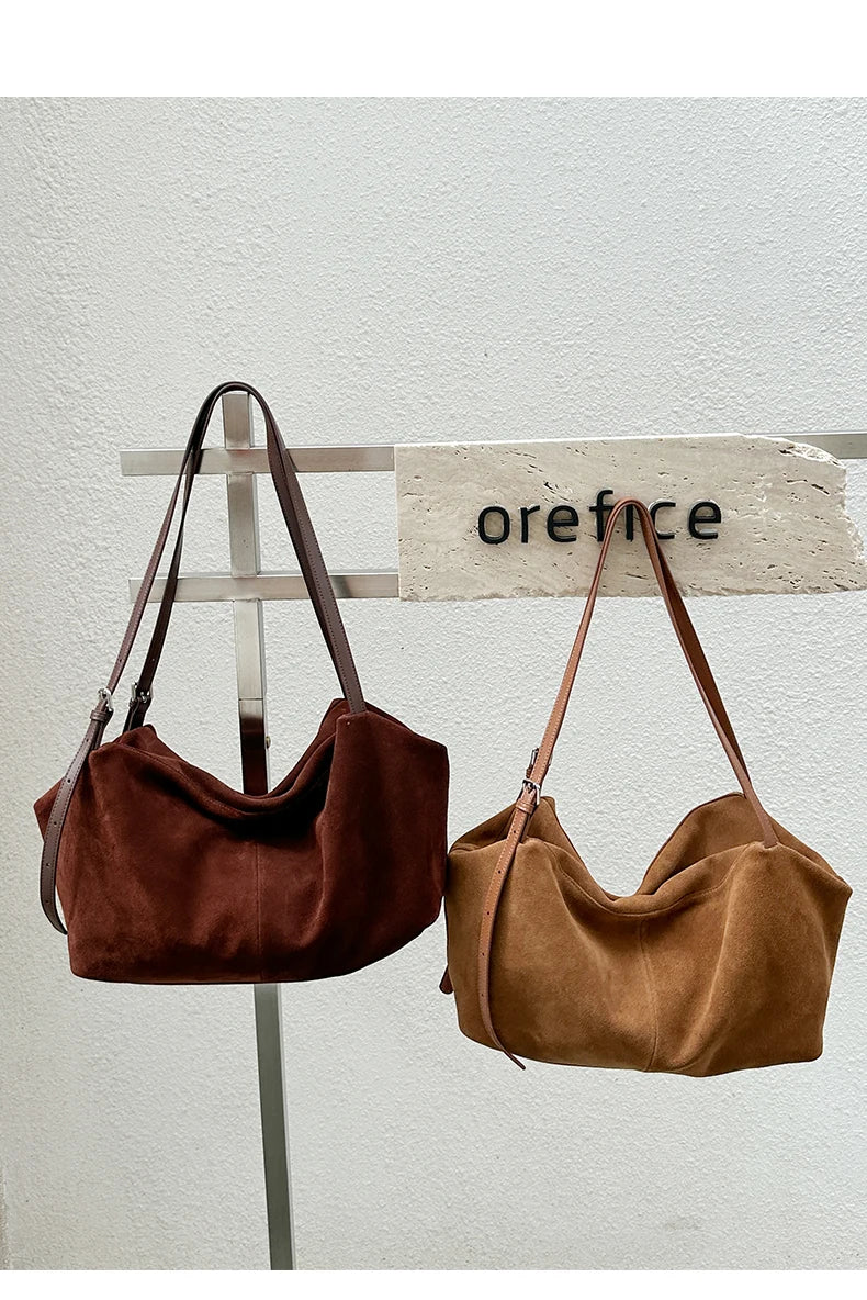 Women's Suede Cow Genuine Leather Shoulder Bags Ladies Soft Cowhide Crossbody Bag Female Design Luxury Lazy Commuting Handbag