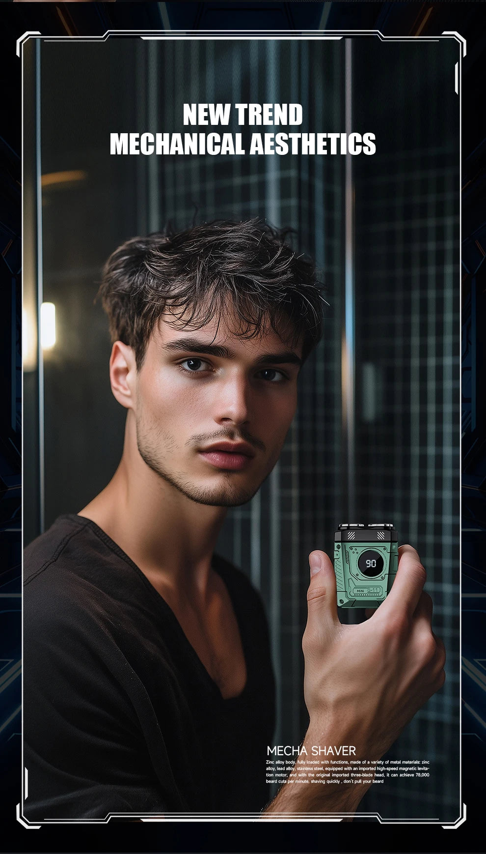 Magnetic Double Blade Electric Shaver for Men Mecha Punk Style Rechargeable LCD Portable Beard Trimmer Face Beard Razor Knife