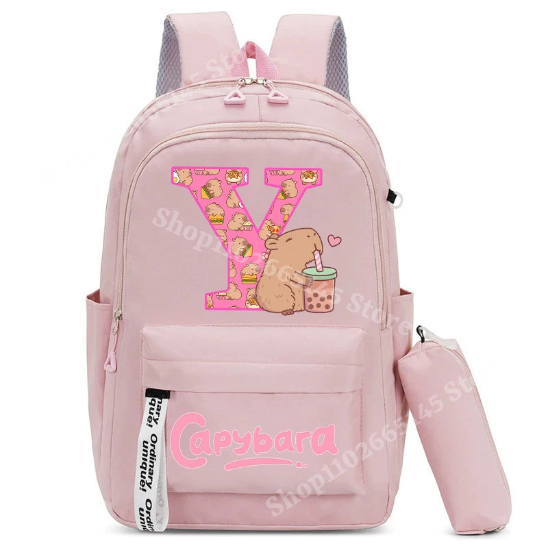 Cute Capibara Kids Backpack with Pencil Case Capybara Kawaii Girls School Bag Stationery Pouch Children Letter A-Z Rucksack Gift