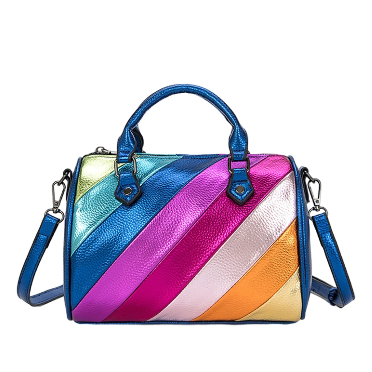CEZIRA Luxury Metallic PU Vegan Leather Boston Bag Women Fashion Colorful Stripes Patchwork Top-handle Purse Crossbody Handbags