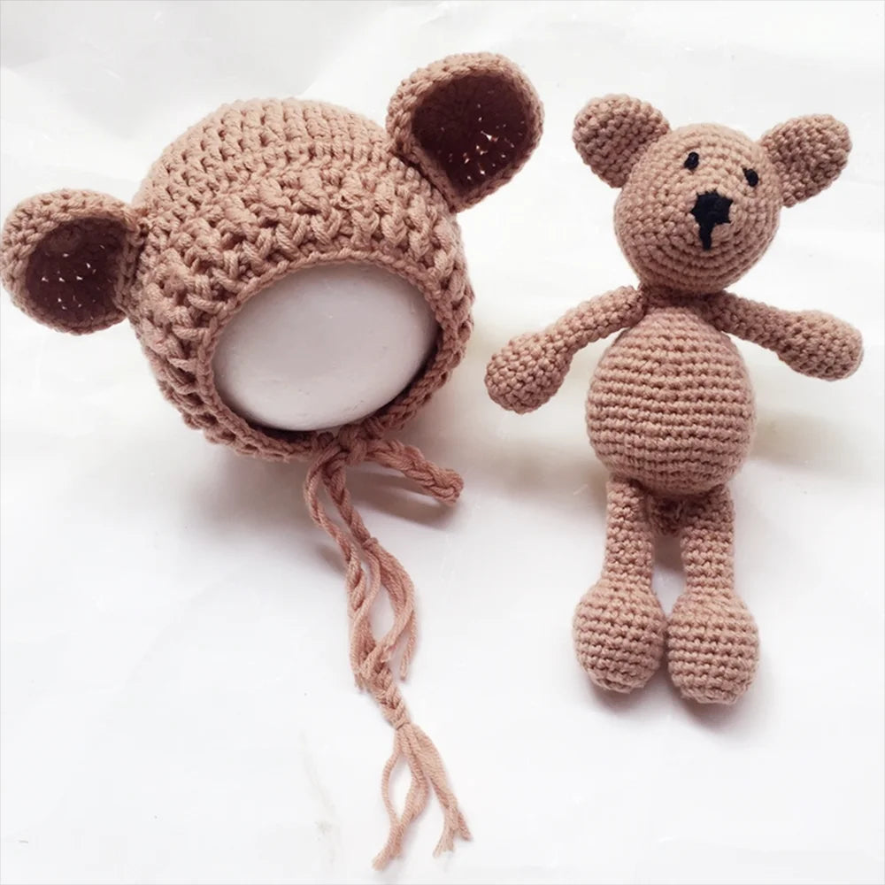 2PCS Newborn Photography Prop Baby Beanie Caps Dolls Toys Girls Boys Infant Baby Crochet Knitted Hat Photoshoot Accessories