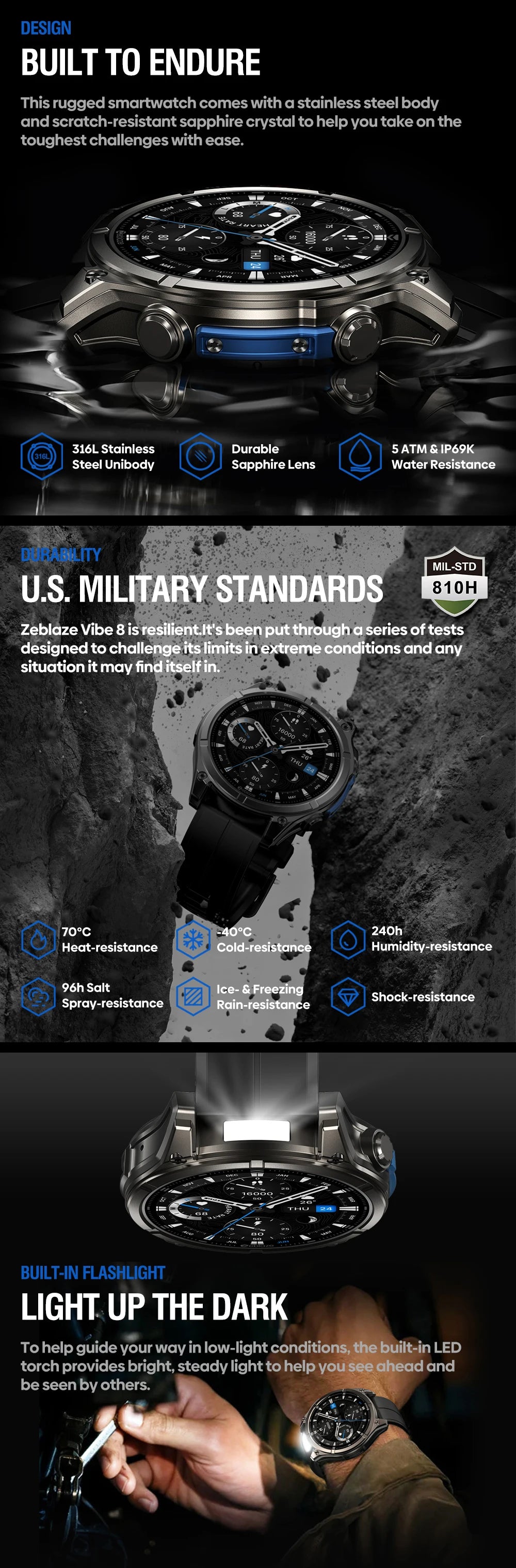 New Zeblaze VIBE 8 AMOLED Display Built-in Flashlight Smartwatch Sapphire Lens Make/Receive Calls HR/BP Monitoring Smart Watch