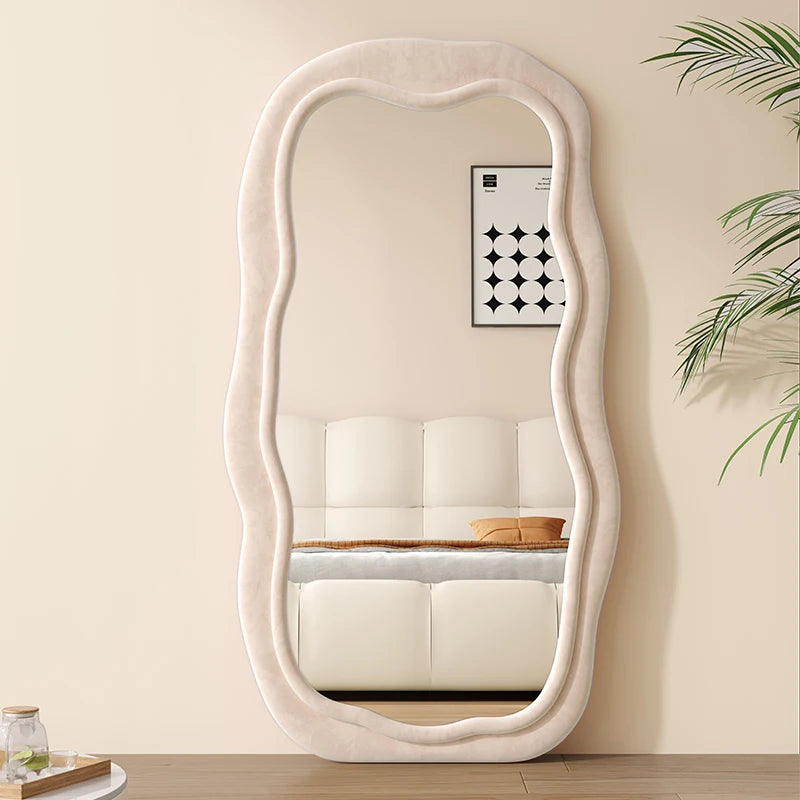Creative full-body mirror household floor mirror light luxury special-shaped wave full-length mirror living room black advanced